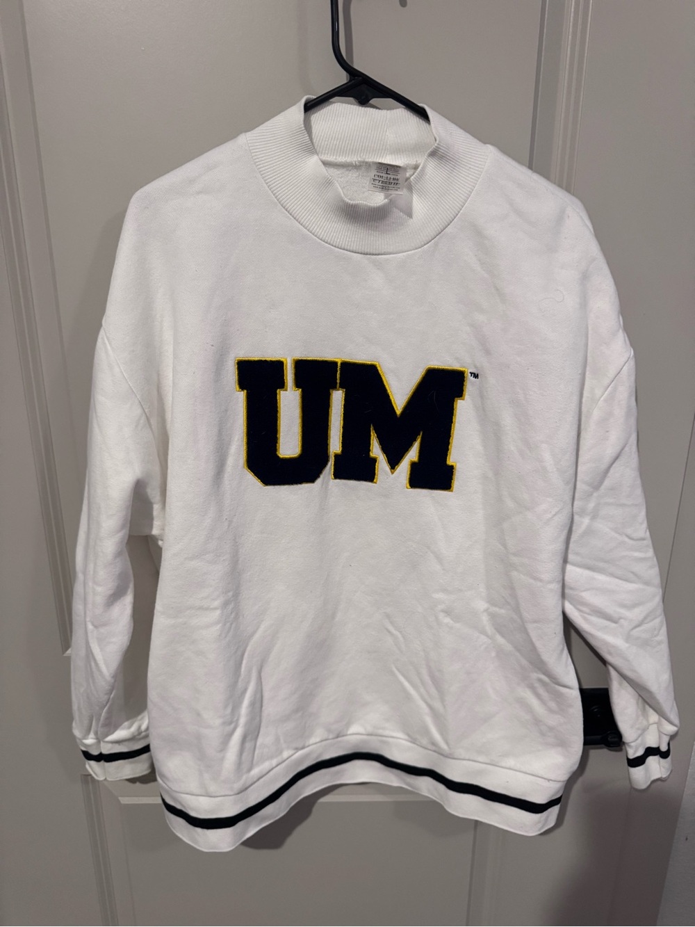 U of M Embroidered White Cowlneck Sweatshirt